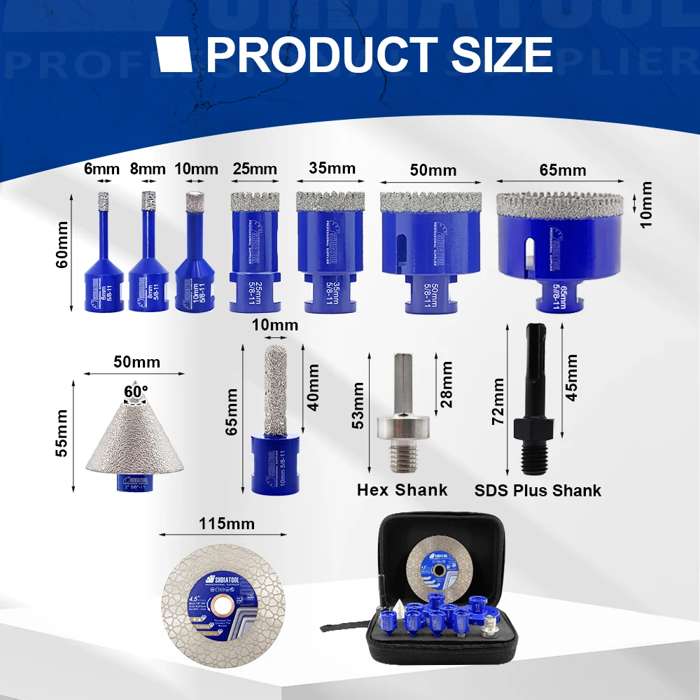 SHDIATOOL 12 ชิ้น 6-65 มิลลิเมตรรูเพชรเจาะ Bits ชุด + 10 มิลลิเมตร Milling Bit + 50 มิลลิเมตร Chamfer + 115 มิลลิเมตรแผ่นตัด + อะแดปเตอร์ Hex กระเบื้อง Bits