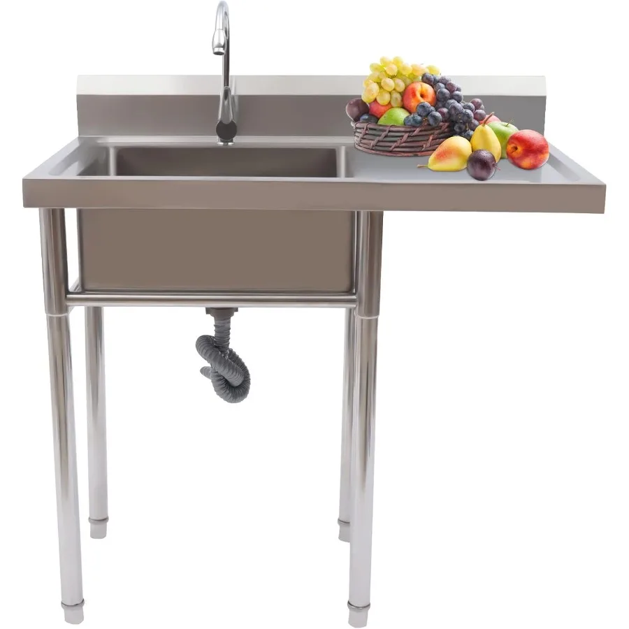 業務用厨房向け自立式シングルボウルシンク（蛇口と水切り板付き、1コンパートメント、ユーティリティ洗浄用）