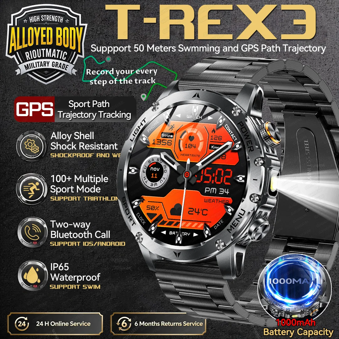 

Новые T-REX3, аккумулятор 1000 мАч, 1,7 дюйма, военные смарт-часы для мужчин, 5 атм, водонепроницаемые, с поддержкой плавания, Bluetooth, компас, GPS-браслеты