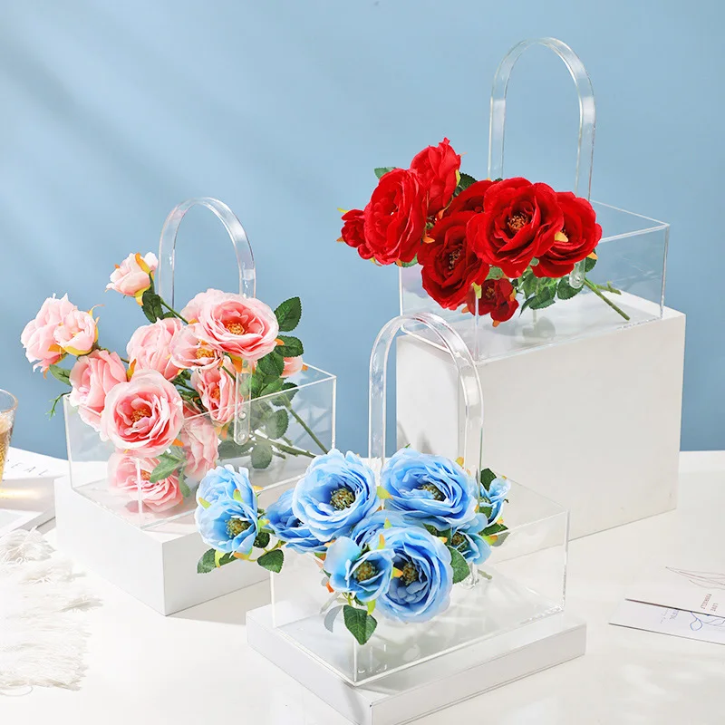 

Transparent Flower Box With Handle Acrylic Flower Basket Gift Packaging Box Bouquet Flower Arrangement Wedding Party Supplies