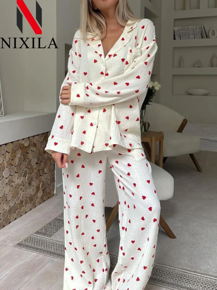 New Elegant Oversize Women Pants Suit with Heart 2024 Spring Loose V-Neck Top Two-piece Set for Women Soft Cotton Trouser Suits