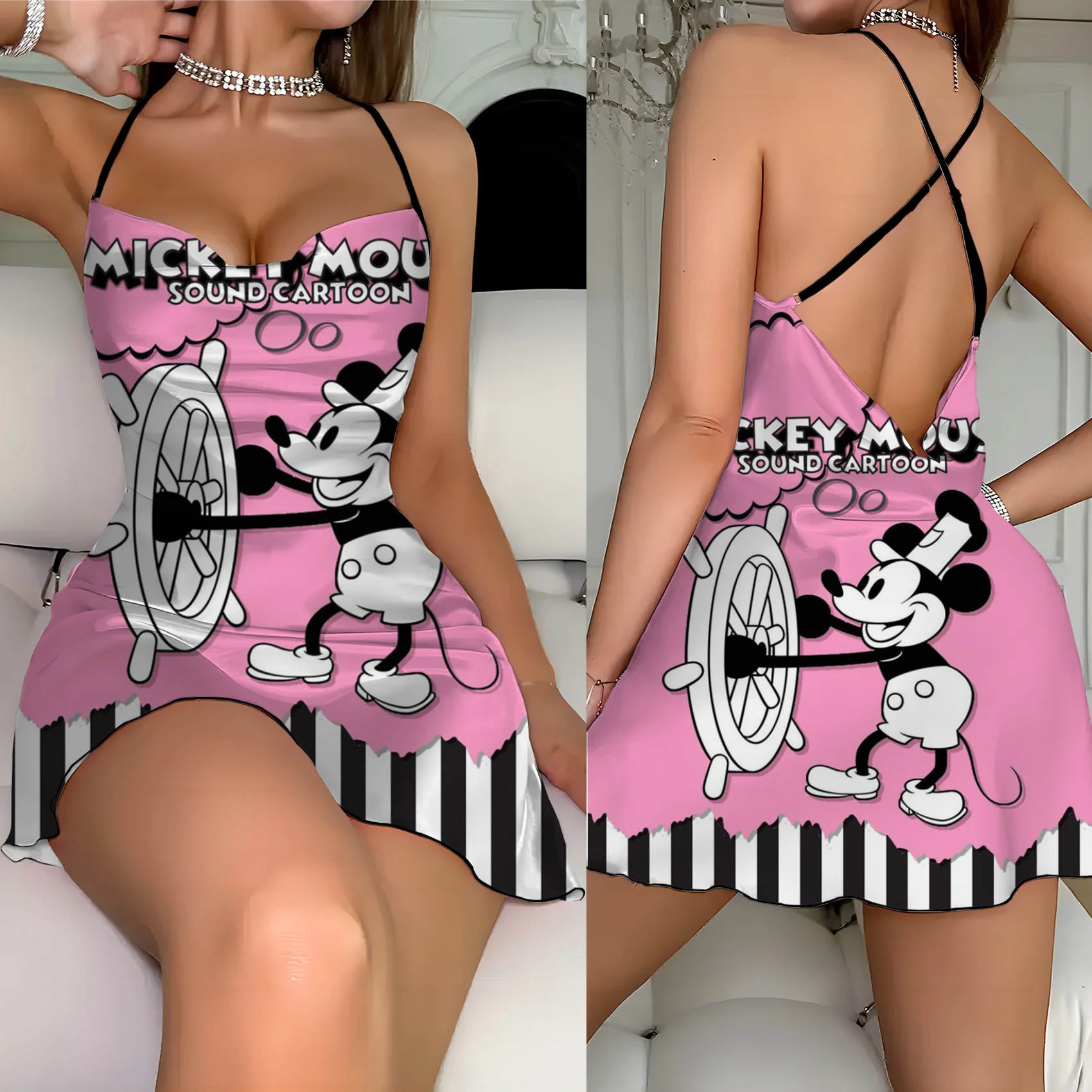 Minnie Mouse Mickey Elegant Dresses for Women Backless Dress Disney Lettuce Trim Crew Neck Fashion Summer 2024 Neck Slip Dress