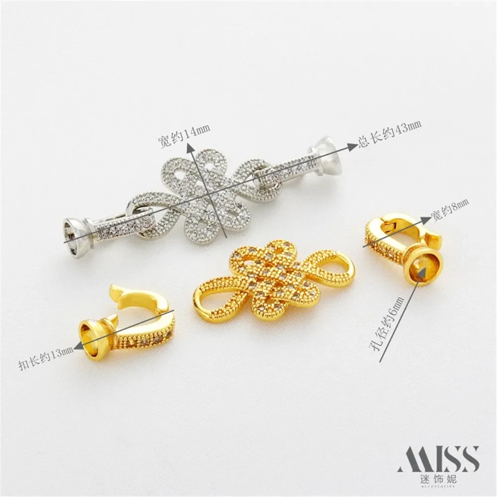 14K Gold Inlaid Zircon Chinese Knot Connection Buckle Double Buckle Head DIY Pearl Bracelet Necklace Accessories