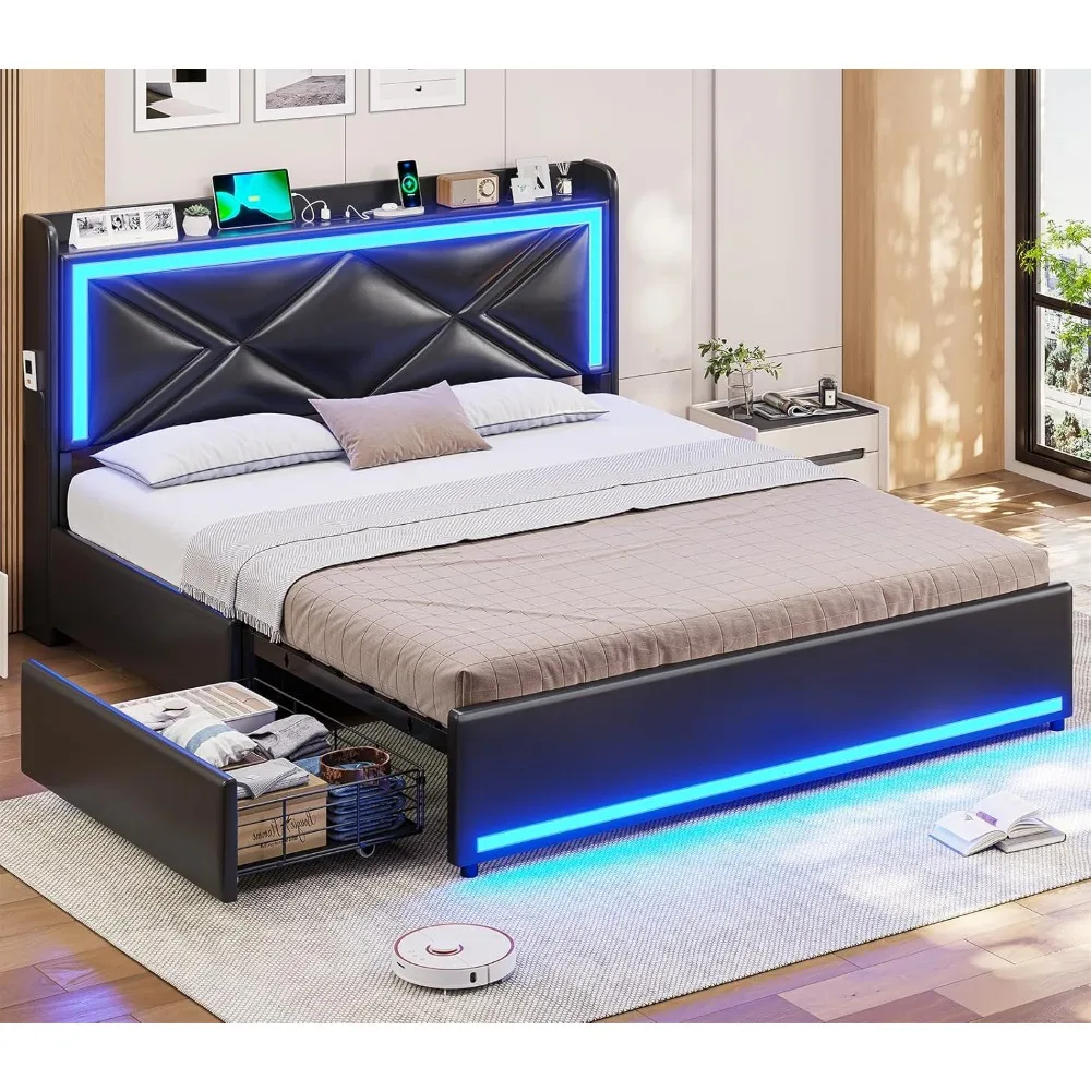 

Каркас кровати размера «queen-size» с изголовьем для хранения вещей и 4 ящиками, мягкий светодиодный каркас кровати с зарядной станцией, платформа из искусственной кожи