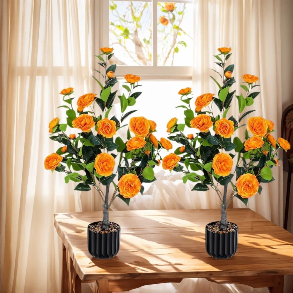 

2 Pack 36'' Faux Camellia Tree in Pot Orange Flowers - Indoor/Outdoor Decor (Home/Office/Porch)