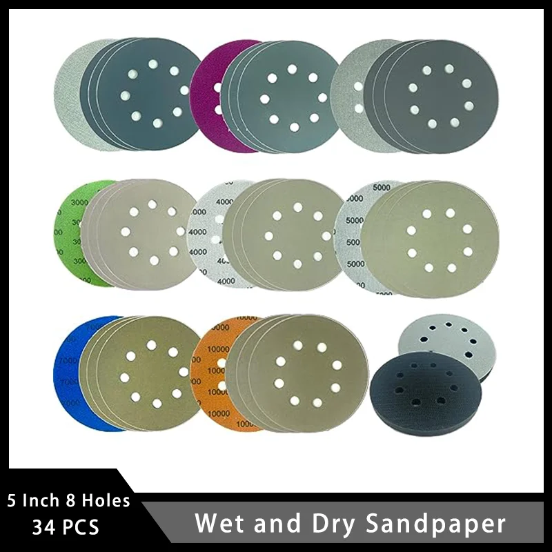 

5 Inch 8 Holes Wet and Dry Sandpaper 34 Pcs Hook and Loop Sanding Discs Assorted Grits with 2pcs Interface Pads for Polishing