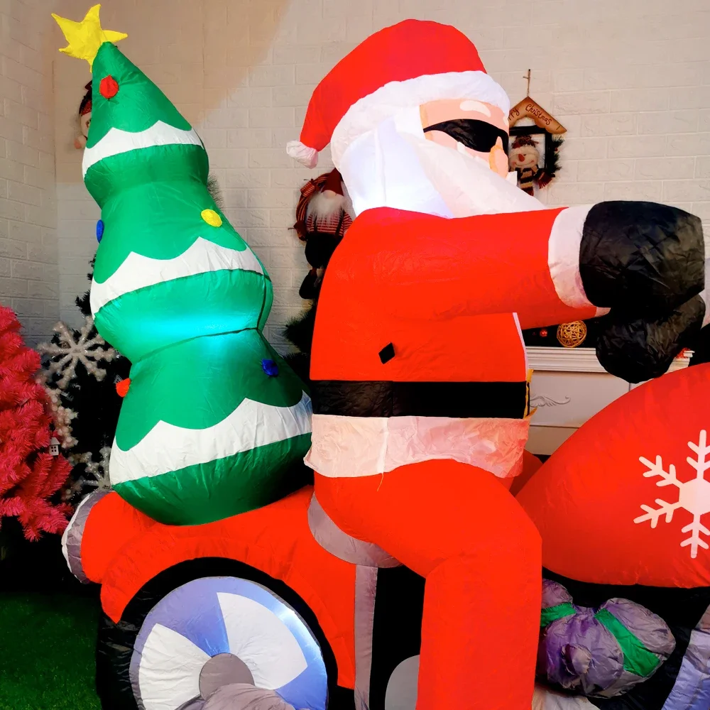 크리스마스 풍선 산타클로스 오토바이 타고 있는 모습, 크리스마스 트리 내장 조명, 야외 정원 잔디밭 휴일 장식