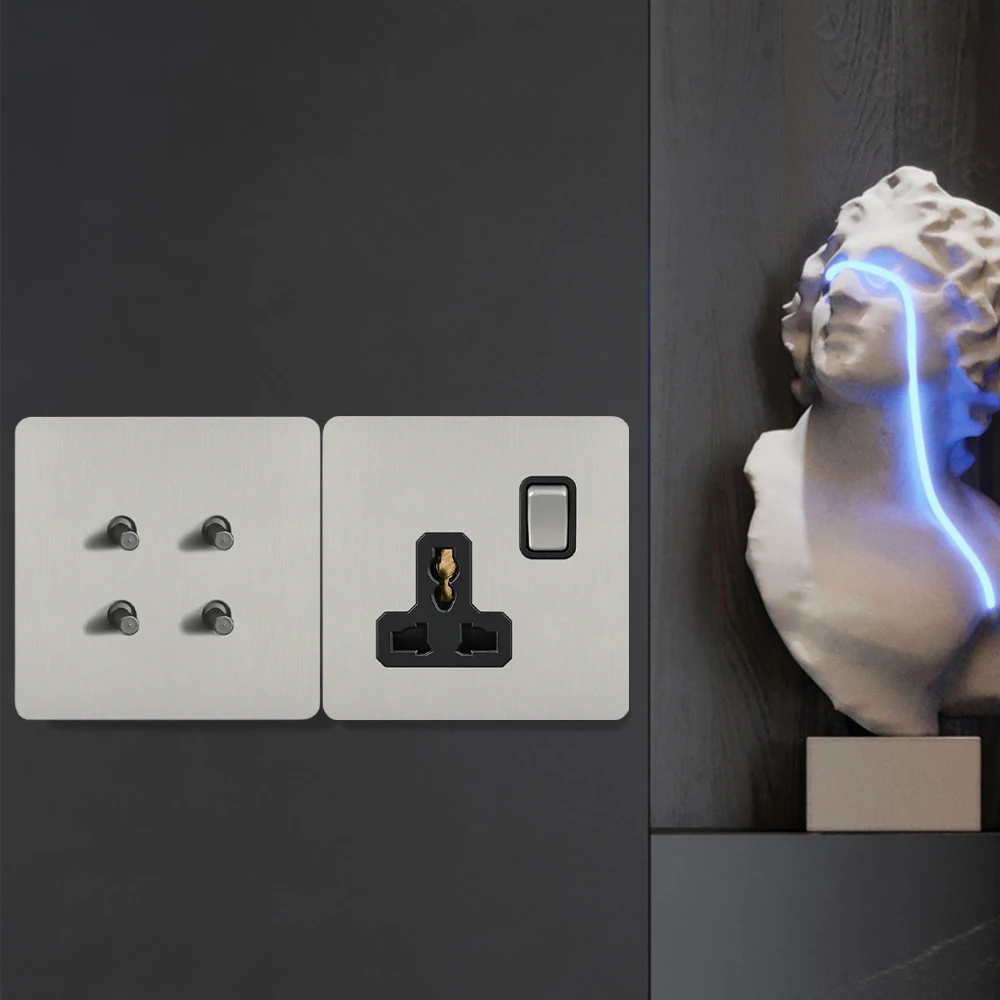 رمادي تبديل التبديل الفولاذ المقاوم للصدأ لوحة معدنية 2 طريقة الرجعية مفتاح الإضاءة العالمي المملكة المتحدة مقبس الطاقة الجدار USB نوع c منفذ شاحن #5