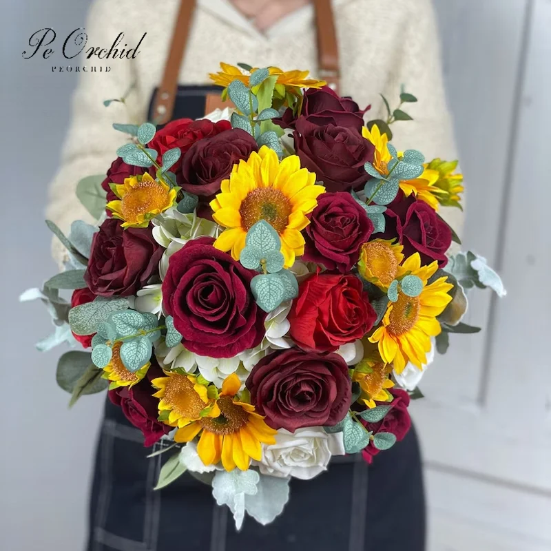 PEORCHID Burgundy Red Rose Sunflower Bridal Bouquet Artificial Bridesmaids Flowers Boho Rustic Wedding Bouquet Novia 2026