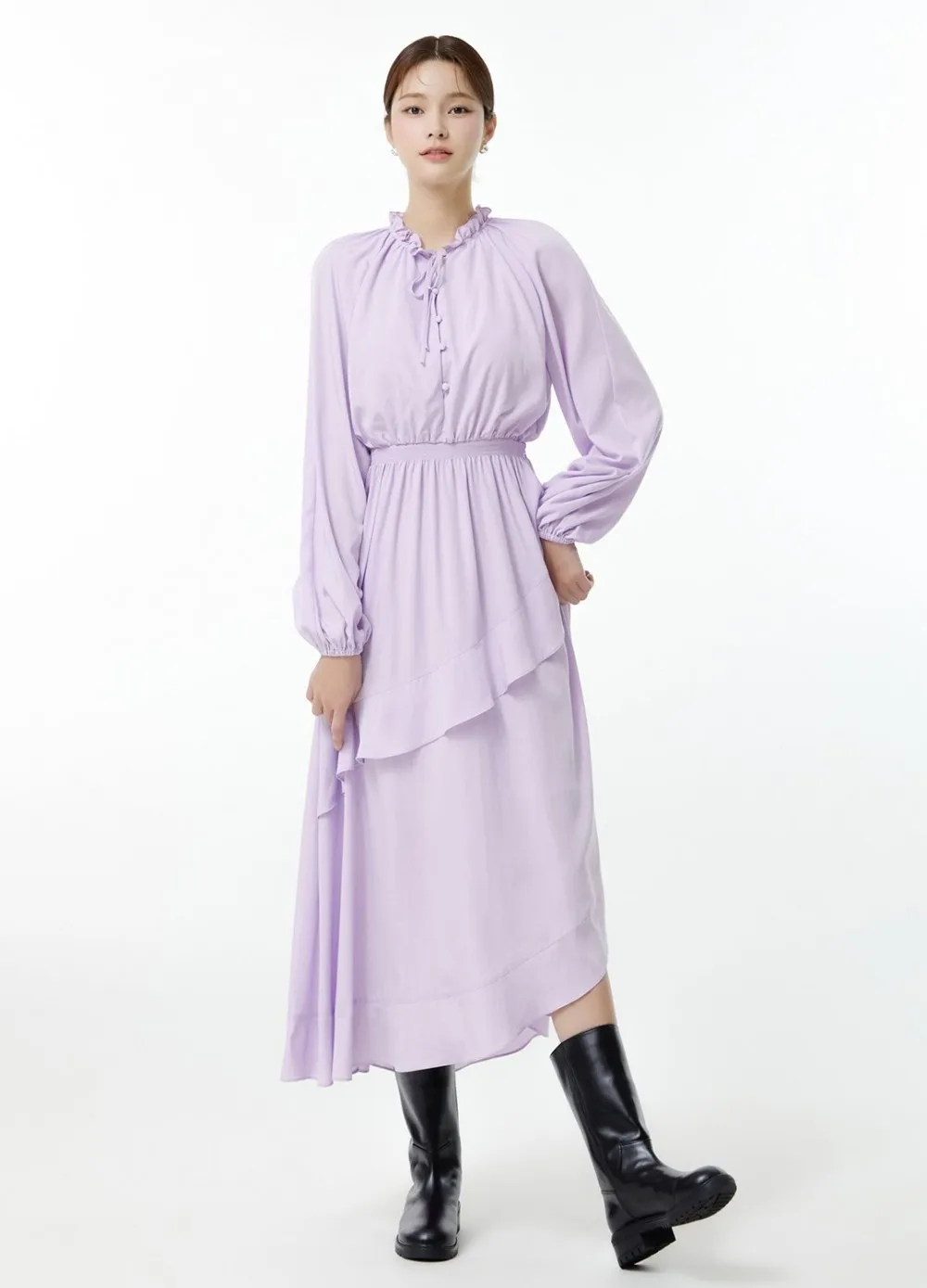 Romantico abito MICOAT puro originale lungo Sve V-Ne con dettaglio bottoni e lanterna Sve a vita alta A-Line Dr per l'autunno