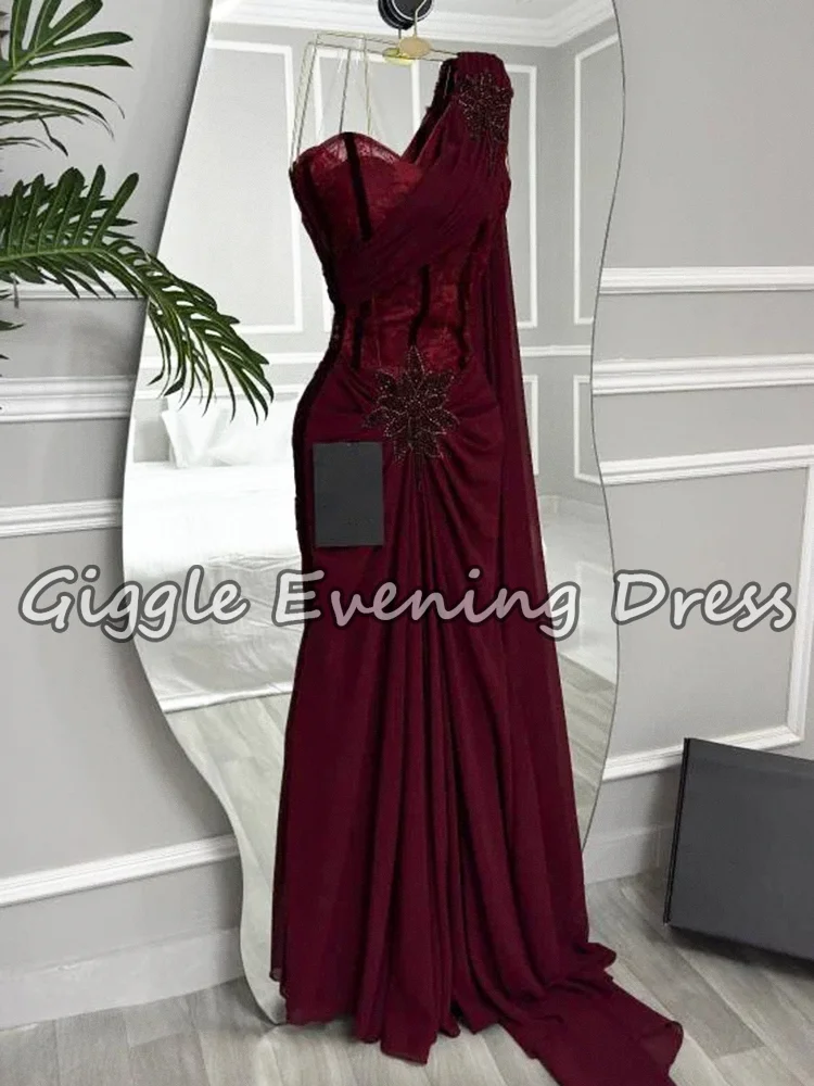 

Burgundy Mermaid Prom Dress Elegant One Shoulder Pleat Crystal Formal Evening Dresses Floor Length Party Gowns Customized