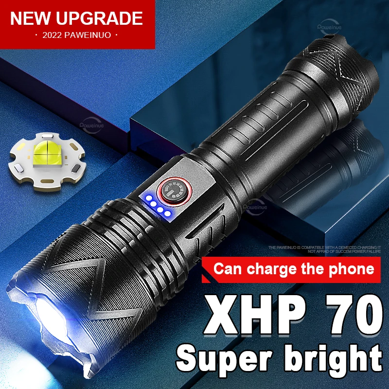 

Super Lumen Brightness XHP70 High Power LED Lamp USB Rechargeable XHP160 Torch Tactical Flashlight Hunting Self-denfence Lantern