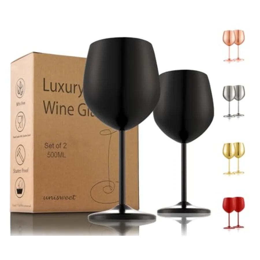 

Stainless Steel Wine Glasses Set of 2, 18 oz Unbreakable Black Wine Glass Unique Metal Wine Goblets for Outdoor Capming and Poo