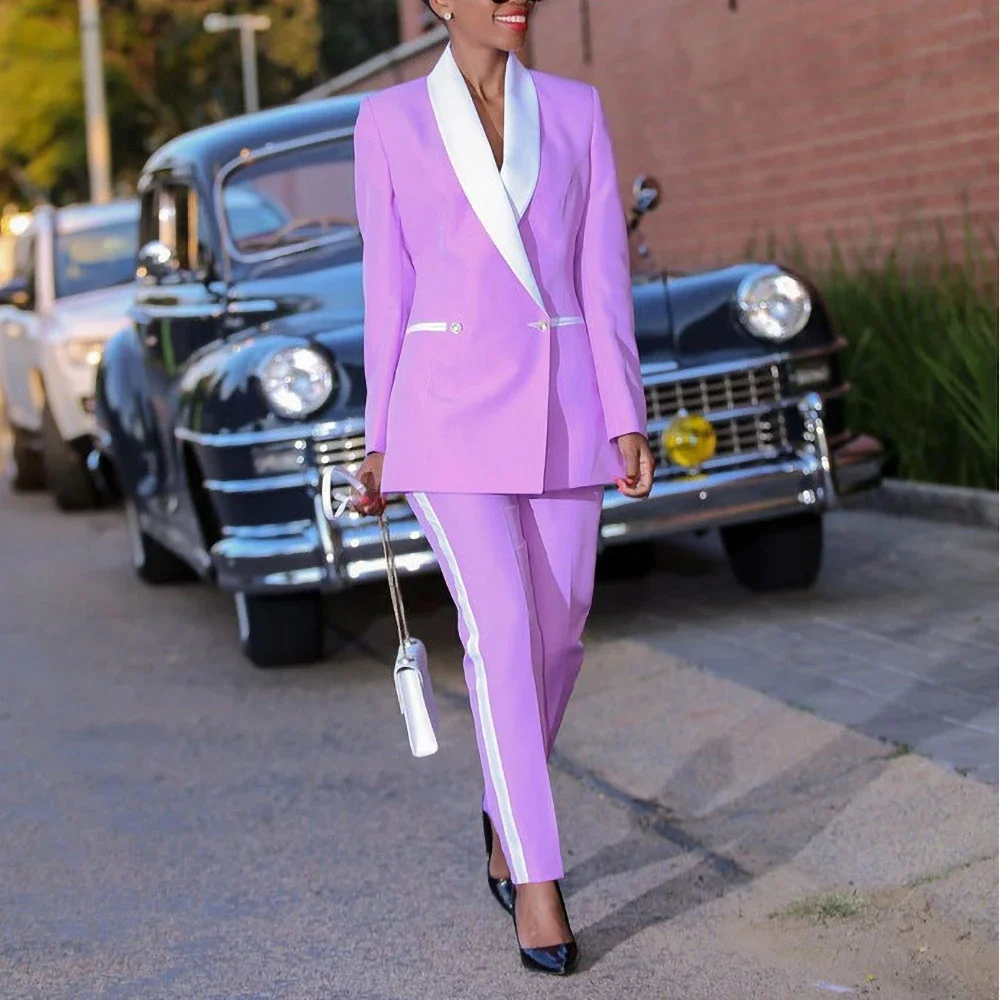

Purple Women Suits Fashion Shawl Lapel Basics Solid Color Blazer Office Lady Formal Casual Slim Fit Pants Set Elegant 2 Piece