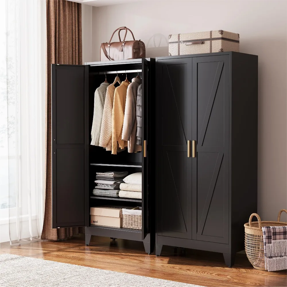 Black Metal Wardrobe Closet 2-in-1 Design, 71