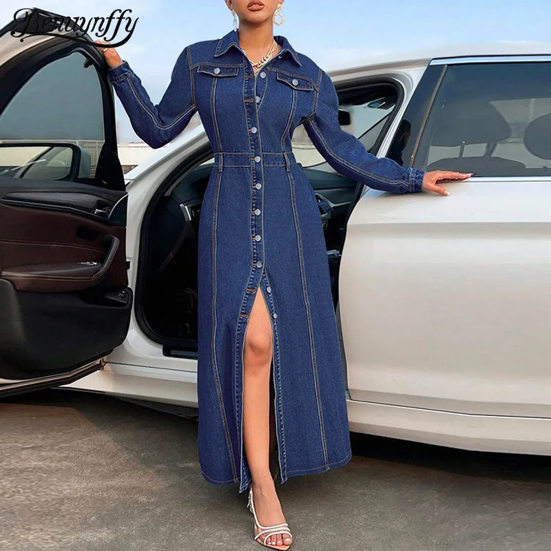 

Benuynffy, винтажное джинсовое длинное платье больших размеров, женское осеннее платье 2024, новые однобортные уличные джинсовые платья с длинными рукавами