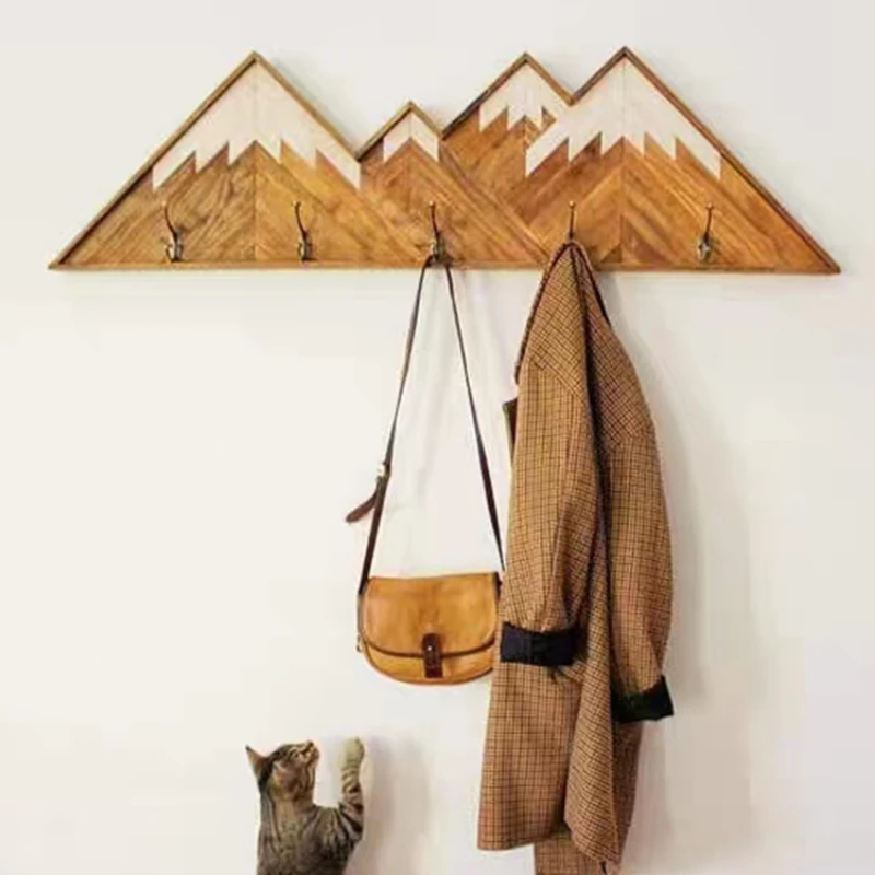 Handmade Solid Wood Coat Hook Entryway Door Hanging Coat Hanger with Wooden Decorative Painting of Snow Mountain Rustic Ornament