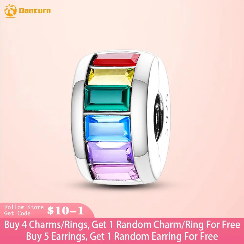 

Danturn 925 Sterling Silver Beads Square Colored Zirconium Clip Charm fit Original Pandora Bracelets Fashion Women Jewelry