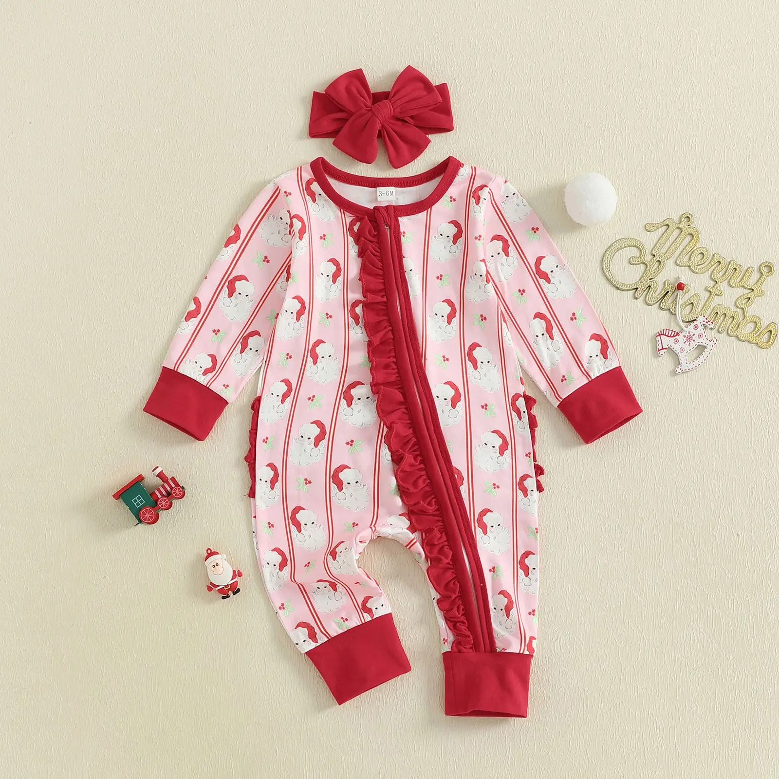 

Baby Girl Christmas Romper Set with Headband Santa Print Ruffle Zipper Newborn 0-18M Babys Festive Clothes