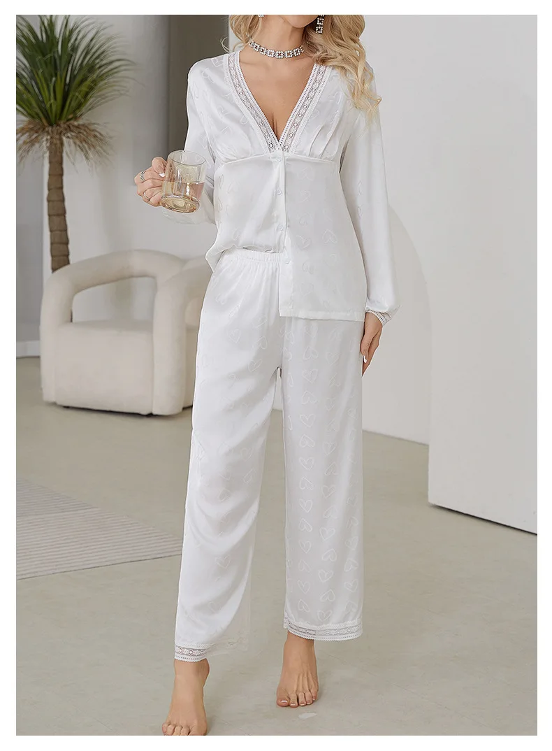 Women's Long Sleeve Sleepwear Set Two Piece Pajamas White Trousers Satin Jacquard Loungewear Sexy Comfortable Soft Elegant Comfy