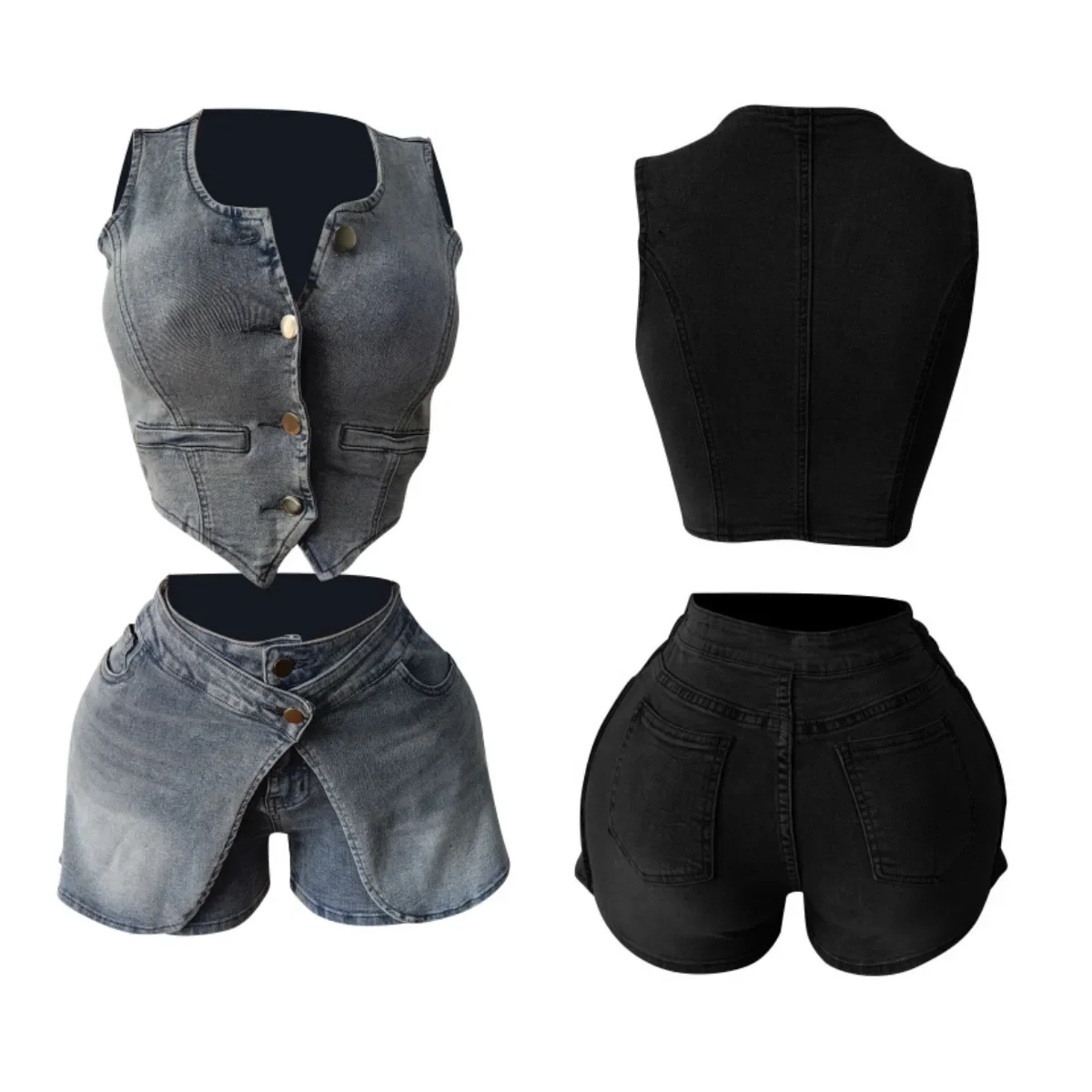 

Джинсовый комплект из 2 предметов: шорты и топ без рукавов, сексуальный наряд для вечеринок, шорты с высокой талией, костюм-двойка 2026