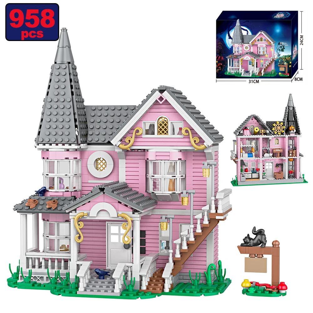 958pcs MOC Pink Castle Apartments Model Building Blocks City Street View Kitten Windmill Bricks Creative Festival Toys DIY Gifts