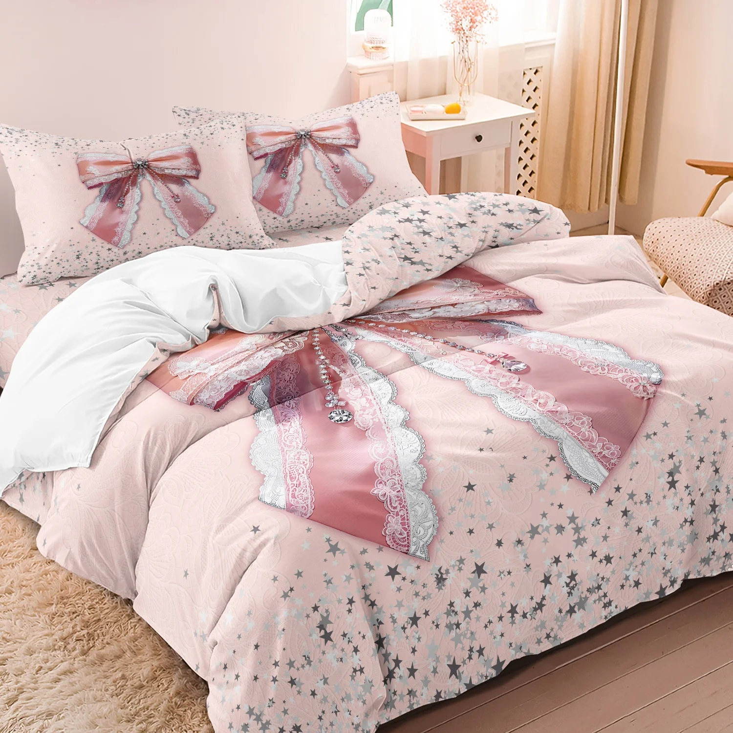 3pcs Pink Bow Lace Glitter Duvet Cover Set (1 Duvet Cover + 2 Pillowcases，No Core) All Seasons Home And Dorm Use