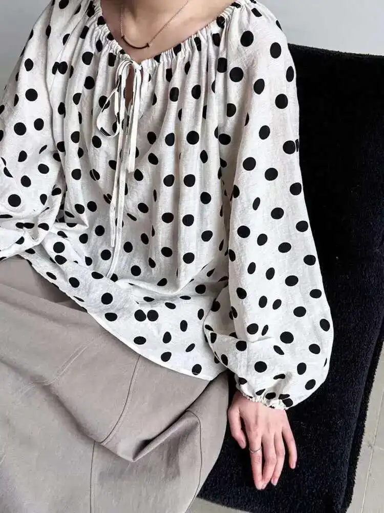 

Women Black Dot Printed Big Size Elegant Blouse New Round Neck Long Sleeve Shirt Fashion Tide Spring Autumn