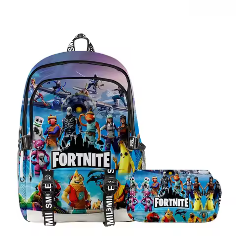 2pcs Foernite Backpack Pencil Case Anime Cosplay Backpack Boy Girls Double-deck Travel Bag Set Teenager Waterproof Schoolbag