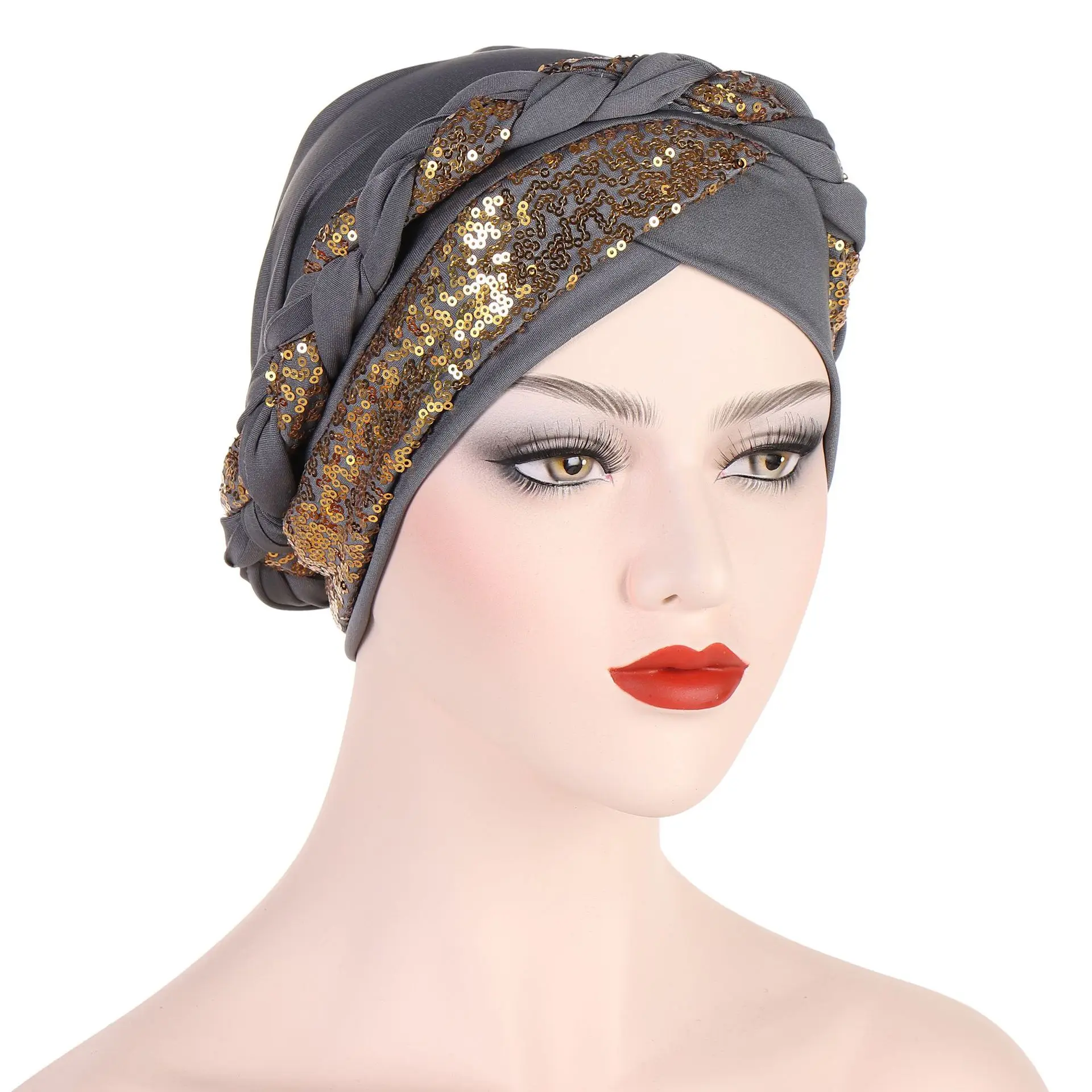 Women Turbans with Braid Decor Sequin Elastic Musilim Hijabs for Women Forehead Cross Islamic Women Ramadan Clothing Headwrap