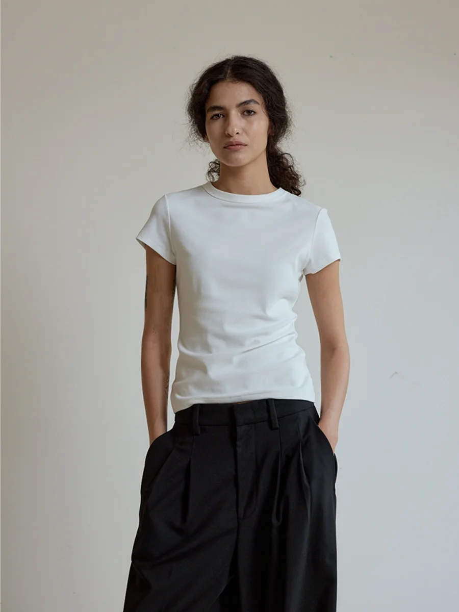 

Whitecube Women's Slim Fit round Ne T-irt Pure Color High Elastici Silk Luster Cotton Classic mat Sle Top