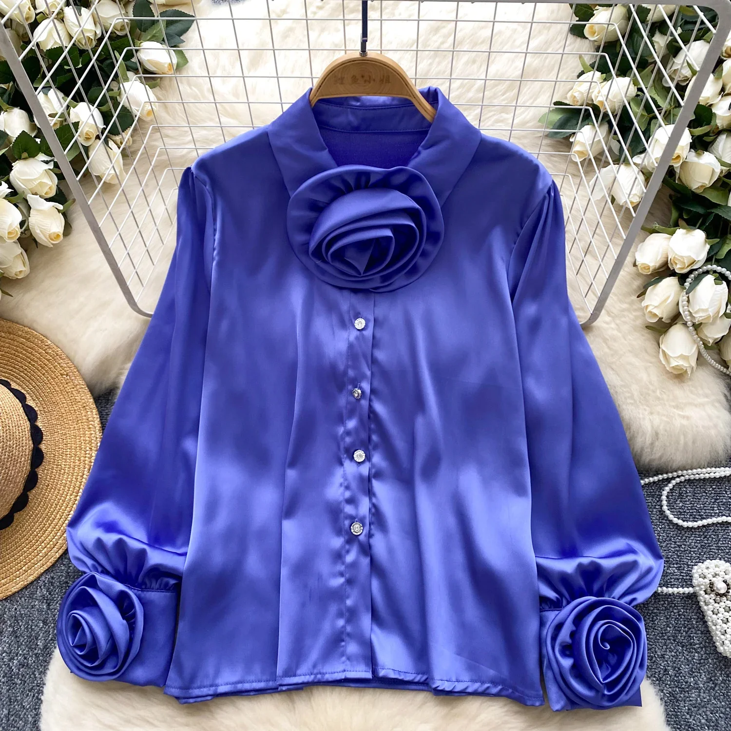 2024 Women Three-dimensional Flower Korean Version Blouse Turn Down Collar Long Sleeved Loose Shirts Winter Tops Clothing