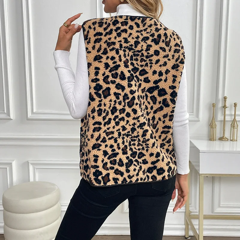 V-neck Sleeveless Vest Leopard Print Women's Cardigan Jacket in Autumn and Winter of 2025