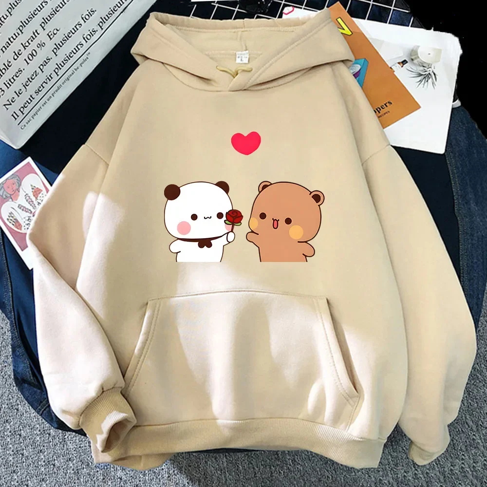 Bubu Is Giving Rose To Dudu Hoodies Kawaii Panda and Bear Sweatshirt with Hooded Fleece Women Clothing Y2k Pullover Kpop Casual