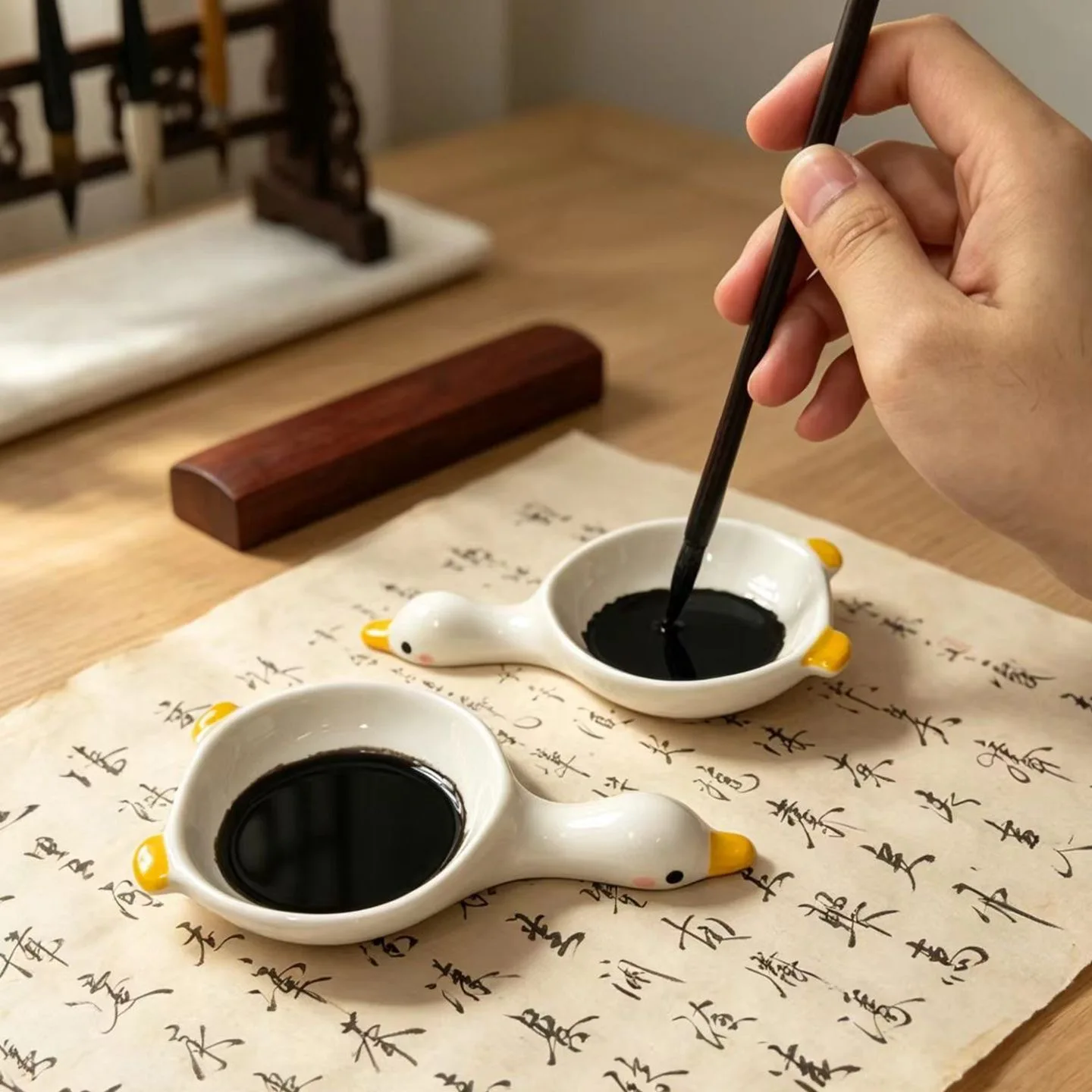 Cute duckling ceramic ink disc multi-functional pen dipped in ink calligraphy class special inkstone study  treasures supplies