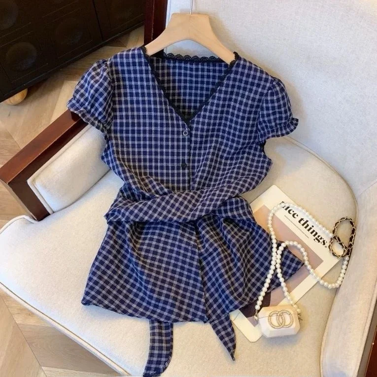 

Утягивающая клетчатая футболка ort Sve irt V-Ne с кружевной отделкой и поясом, корейский свободный летний топ для поездок на работу