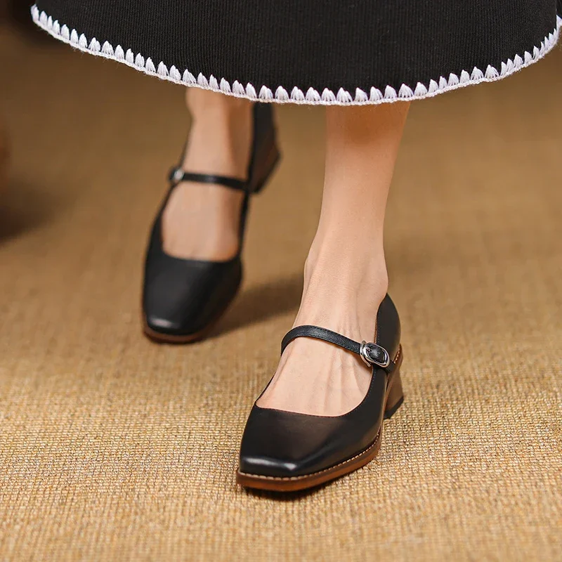 2024 New Genuine Leather Mary Jane shoes Women\'s Shoes Retro Buckle Shallow Heel Pumps Square Toe Shoes Woman Zapatos De Mujer