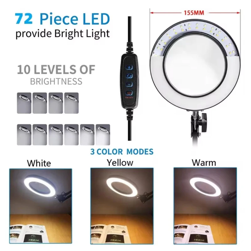 72LED 8X/10X NEW Illuminated Magnifier USB 3 Colors LED Magnifying Glass for Soldering Iron Repair/Table Lamp/Skincare Beauty image 4