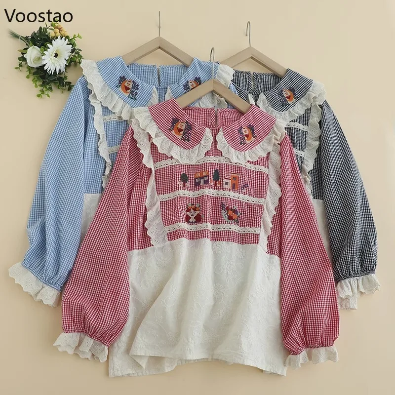 

Mori Girl Style Sweet Lolita Shirt Women Kawaii Cartoon Embroidery Peter Pan Collar Plaid Blouse Female Casual Lace Ruffles Tops