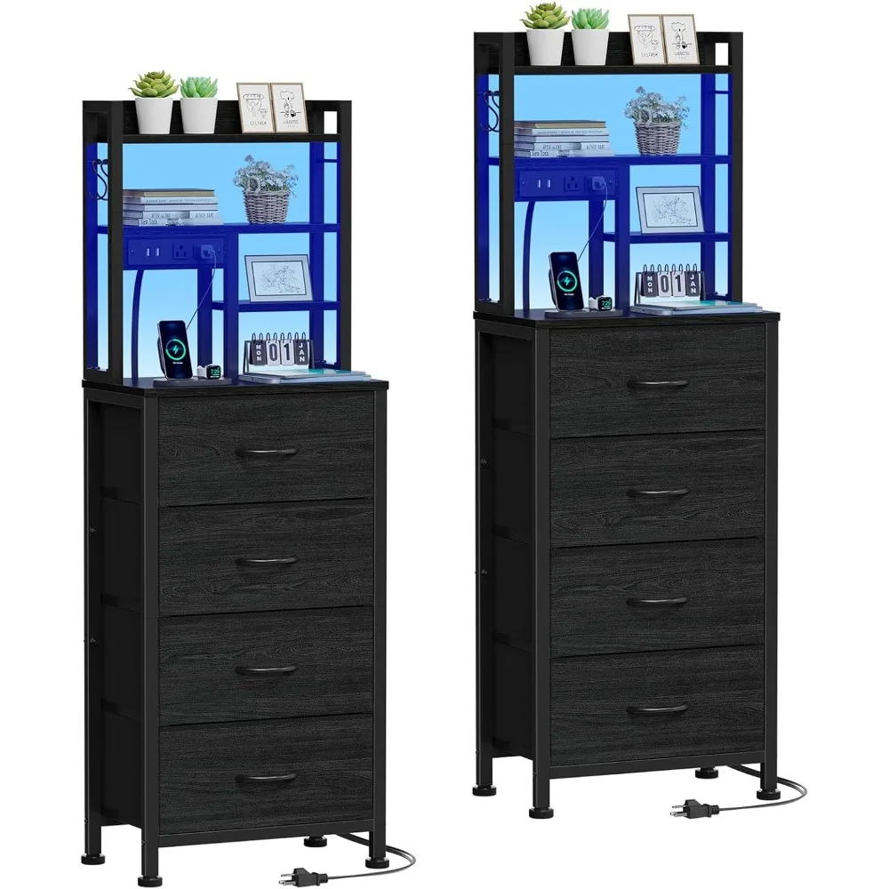 

Bedside Table Set (2 Pieces), Tall Bedside Tables with Charging Station and USB Port, 4 Fabric Drawers and LED Light