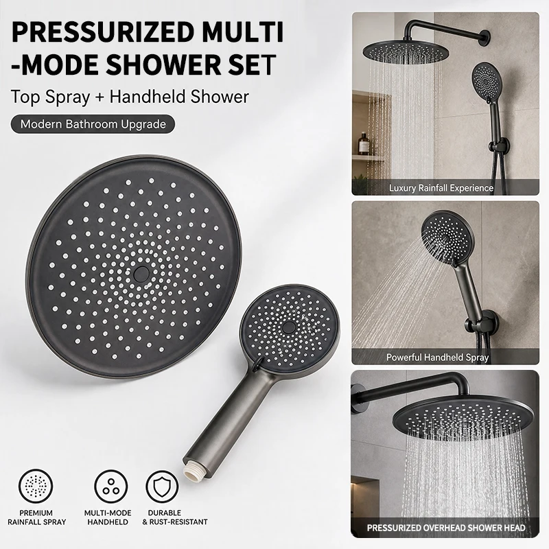 Gunmetal Gray High Pressure Rainfall Shower Head Set, 3-Mode Handheld Spray with Silicone Nozzles, Modern Bathroom Shower System
