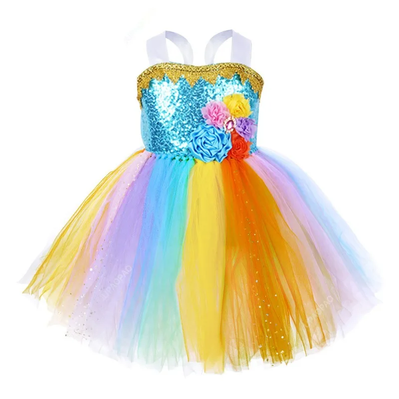 Girls Princess Unicorn Tutu Dress Outfit Pastel Flowers Baby Girl Birthday Party Dresses Tulle Kids Halloween Cosplay Costumes