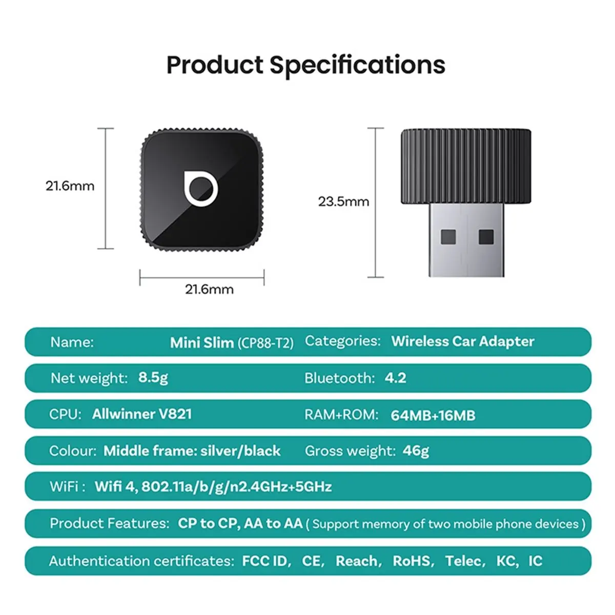 A77K Mini Slim Wireless CarPlay Android Auto Adapter USB Dongle Plug Play Bluetooth 5.8 Wifi Auto Connect for Cars Silver