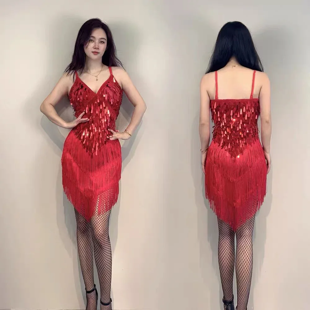 

Платье для латинских танцев, новое модное платье без рукавов с пайетками, костюм для выступлений, сексуальный женский танцевальный костюм с кисточками