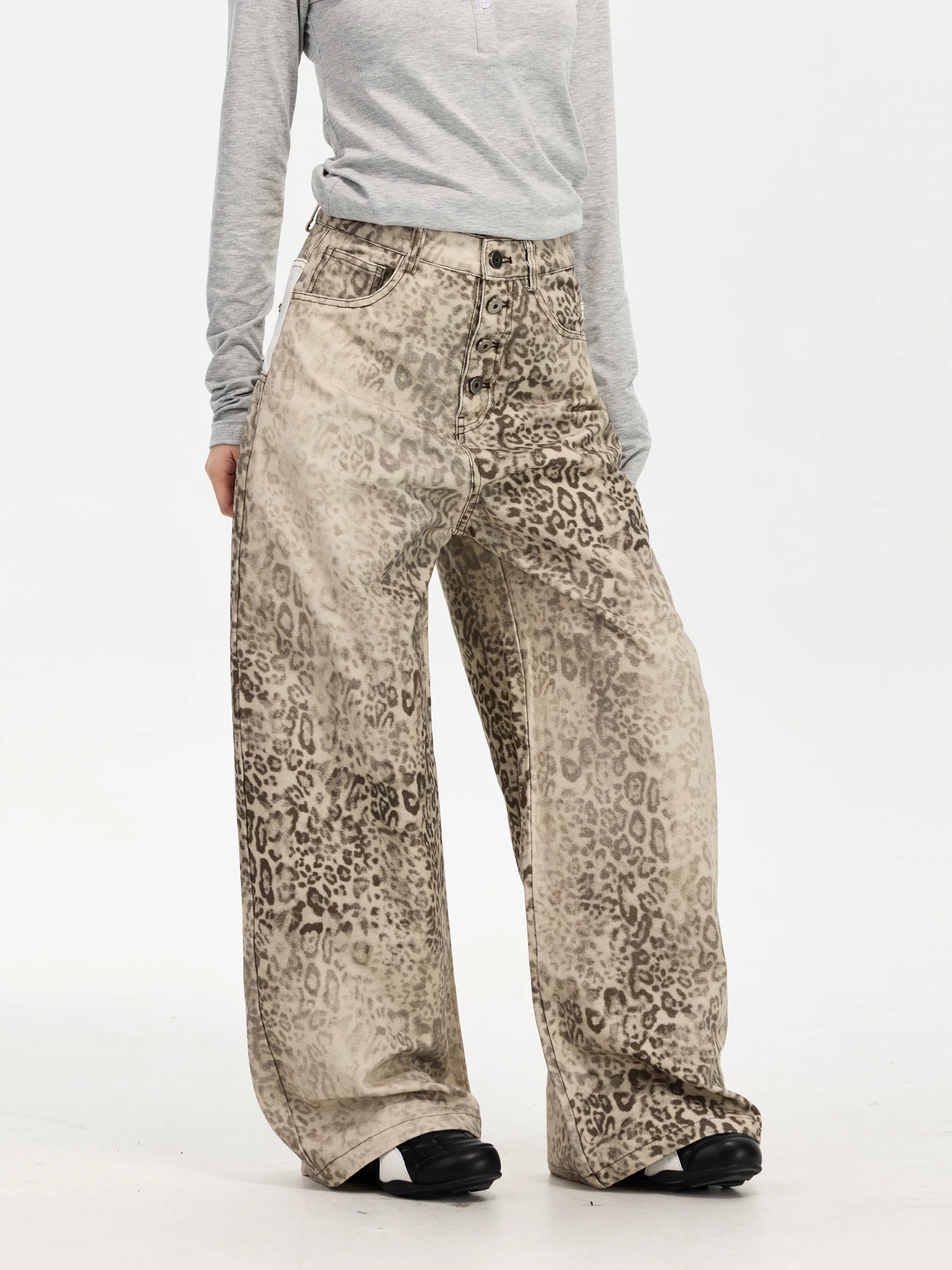 Yeboon American Retro Leopard Print Wide Leg Pants Loose Straight Cut Jeans Versatile Men's Cotton Denim Trousers for Autumn