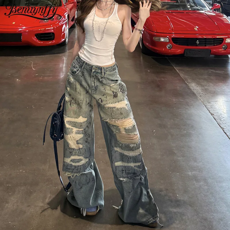 Benuynffy American High Street Low-rise Ripped Jeans Women's Y2k Fashion Vintage BF Style Casual Baggy Wide Leg Denim Pants