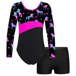 Kids Girl Gymnastics Leotard Printed Patchwork Ballet Tutu Dance Leotard Ice Skating Jumpsuit Sports Workout Dance Yoga Bodysuit