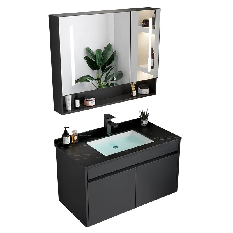 

Black thickened space aluminum toilet bathroom cabinet combination hotel rock slab integrated