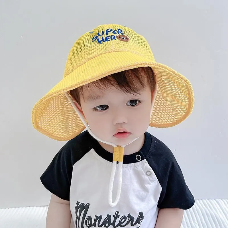 Cartoon Bear Baby Sun Hat Summer Mesh Cool Toddler Visors Large Brim Children Fisherman Cap Solid Color Boy Girl Kids Bonnet