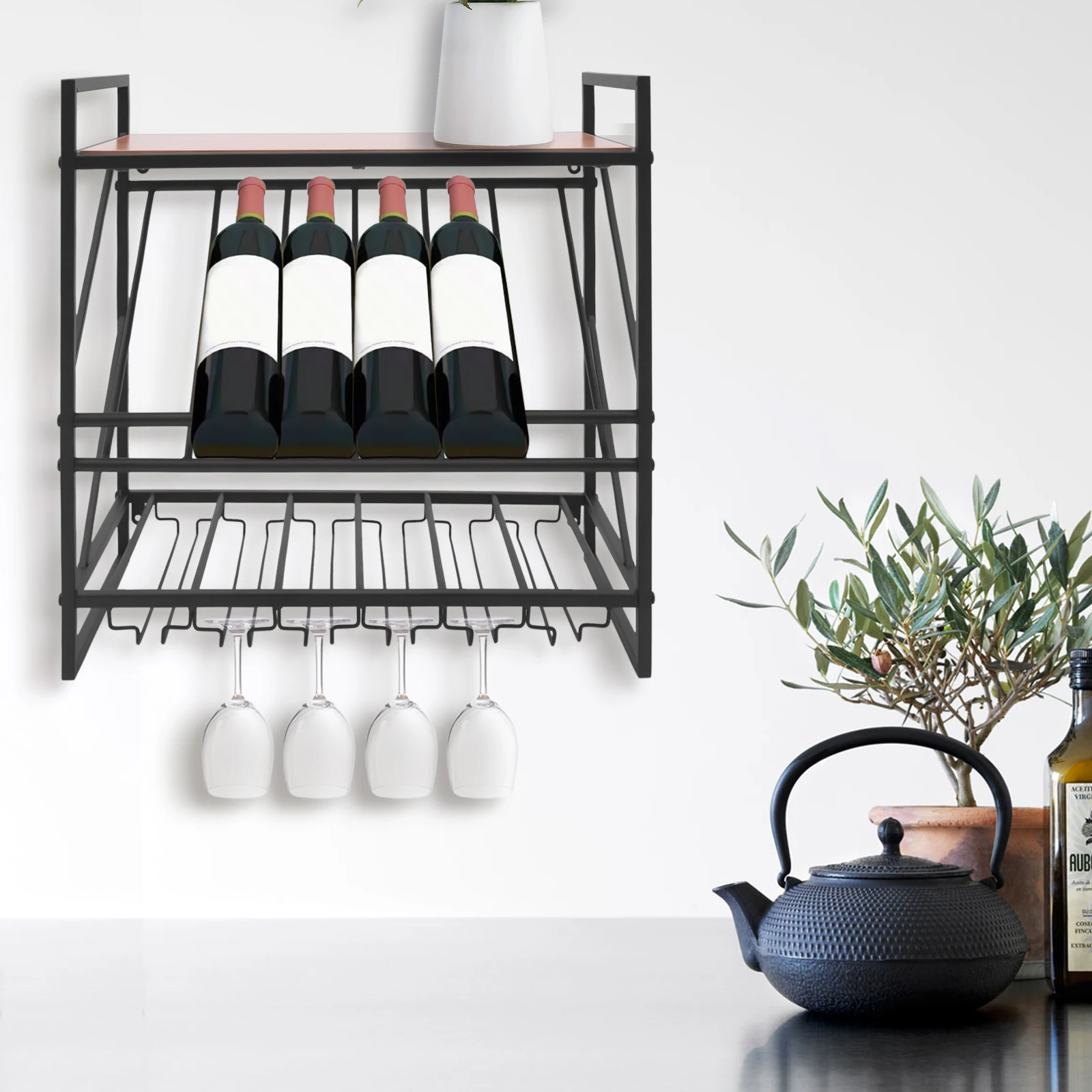 Wall-Mounted Wine Rack Industrial Hanging Wine Racks with Stemware Glasses Holder and Wine Bottles Display Shelf Kitchen